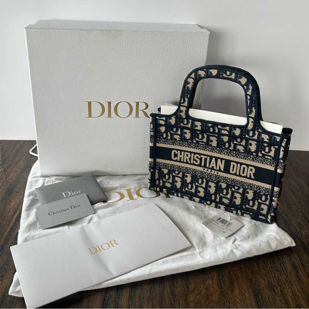 Christian Dior Authentic Original Mini Oblique Canvas Book Tote Navy And Beige